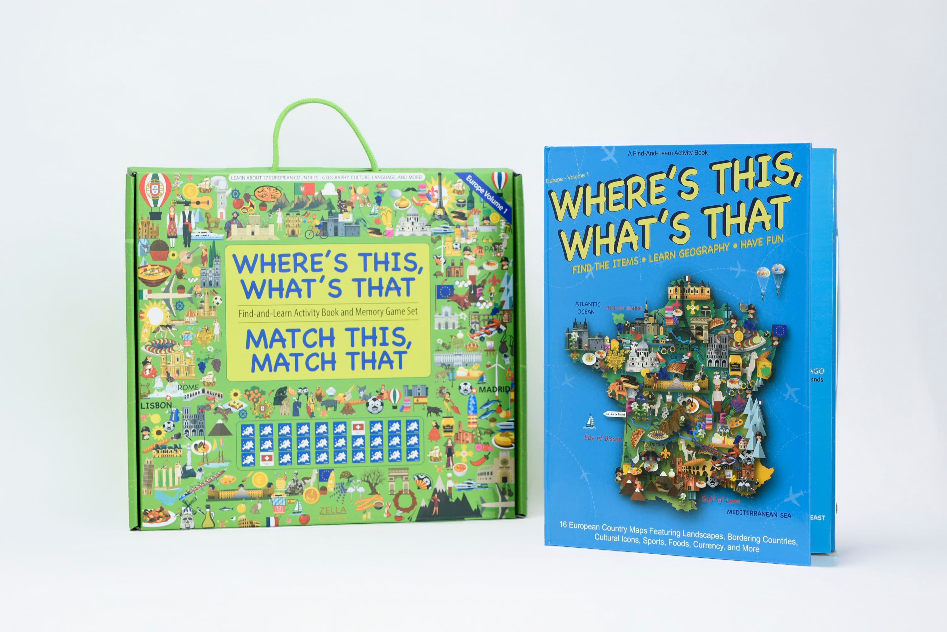 Complete Zella Games travel set beside the illustrated activity book