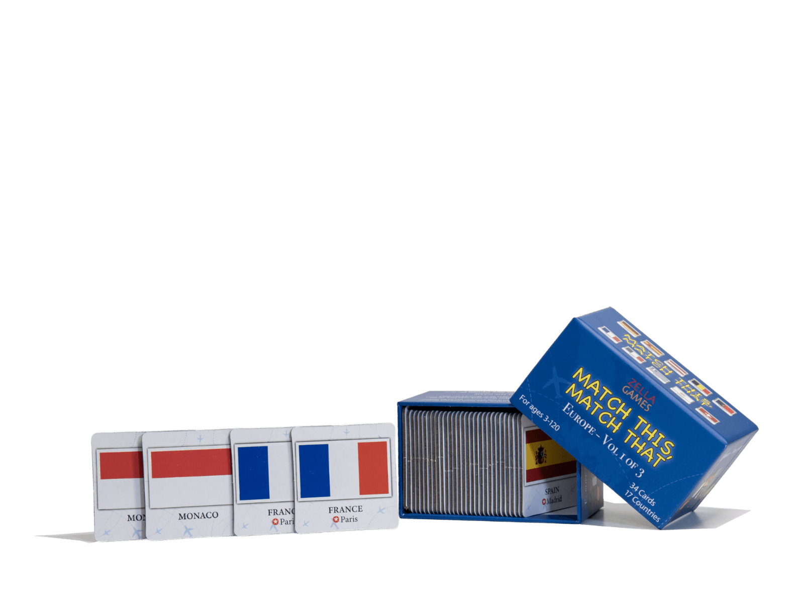 Open Match This, Match That game with country cards arranged beside the box