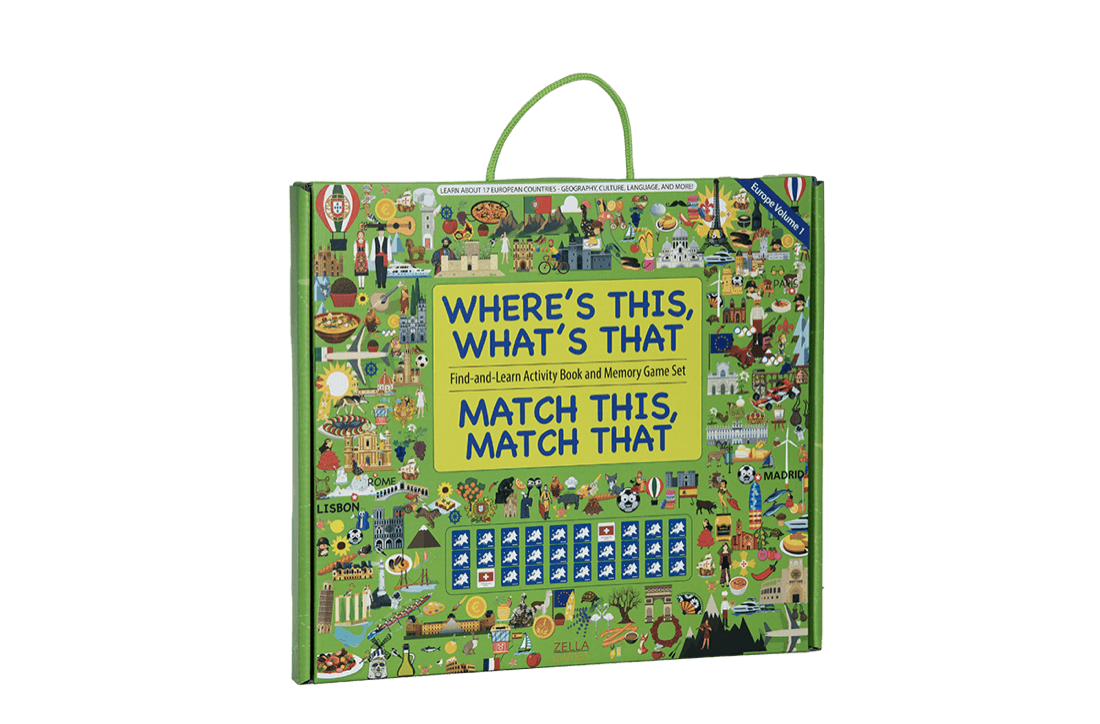 Front view of the illustrated Zella Games travel set