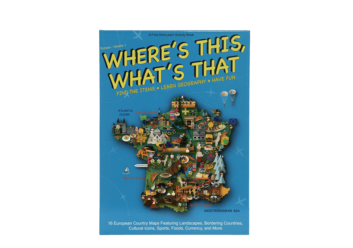 Where’s This, What’s That activity book cover featuring an illustrated map of Europe