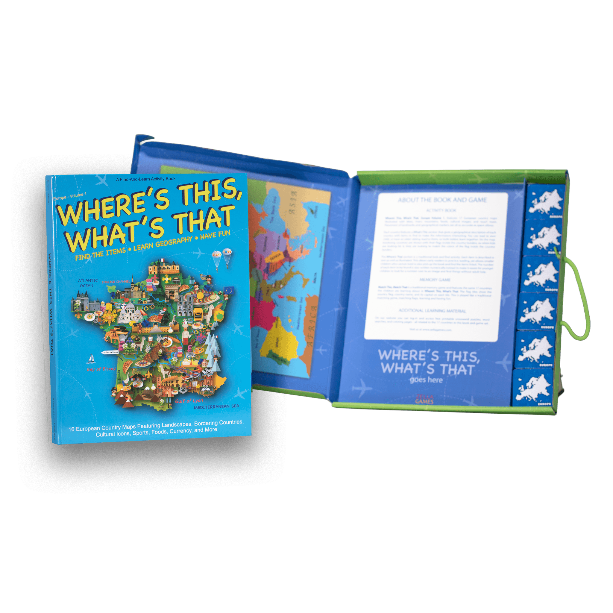 Open Zella Games set showing the activity book, Europe map, and blue memory cards